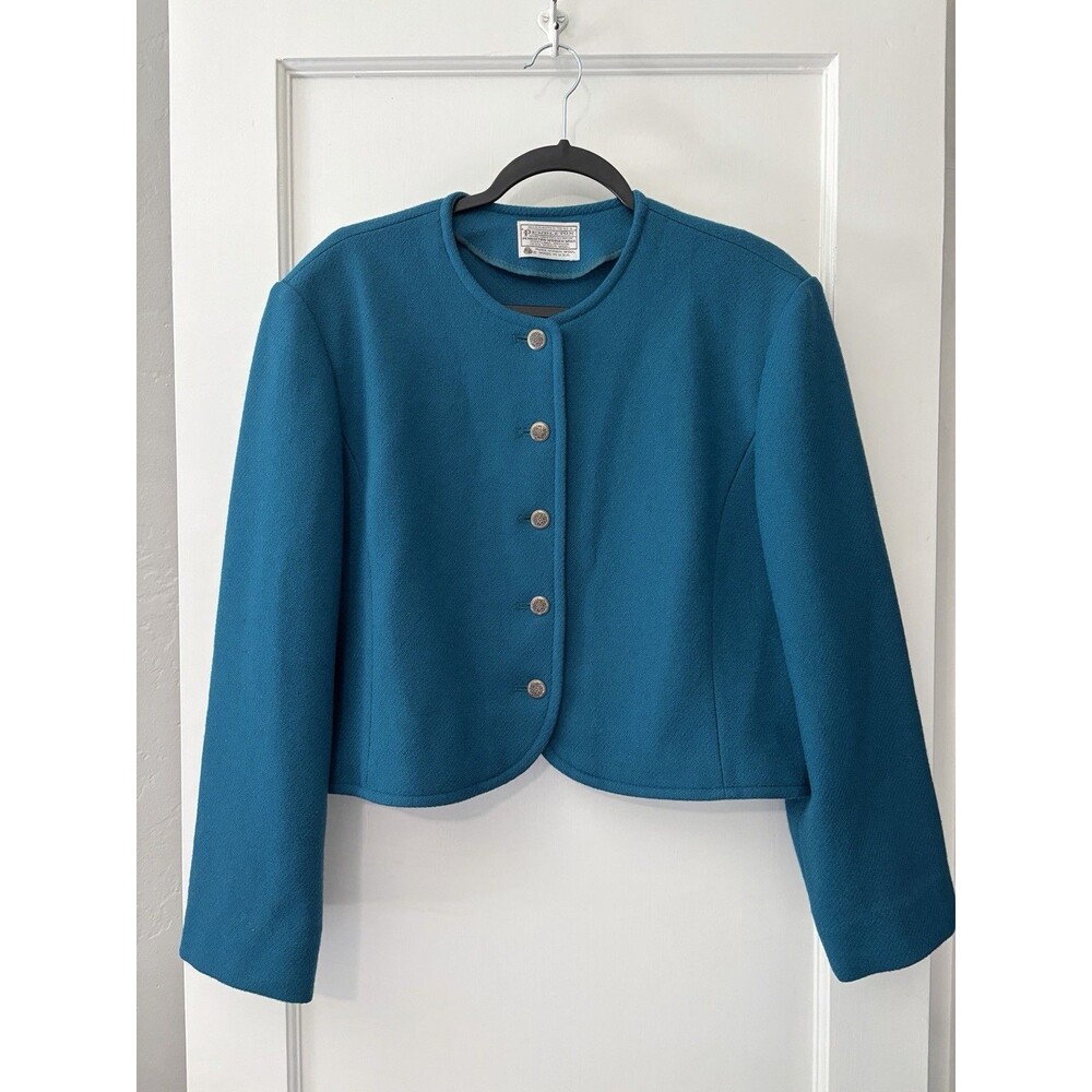 Pendleton Vintage 100% Wool Cropped Jacket Buttons Teal USA Shoulder Pads Medium - Picture 2 of 11